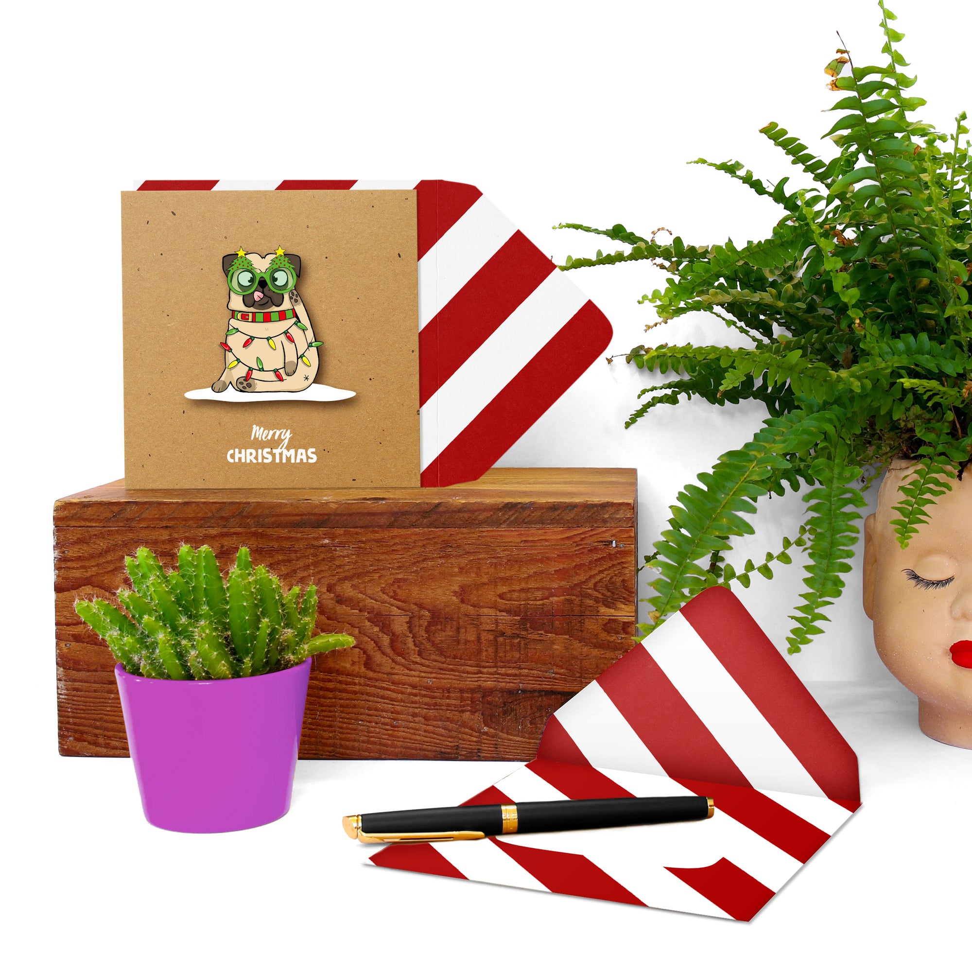 Merry Christmas Festive Funny Pug, Handmade Greeting Card