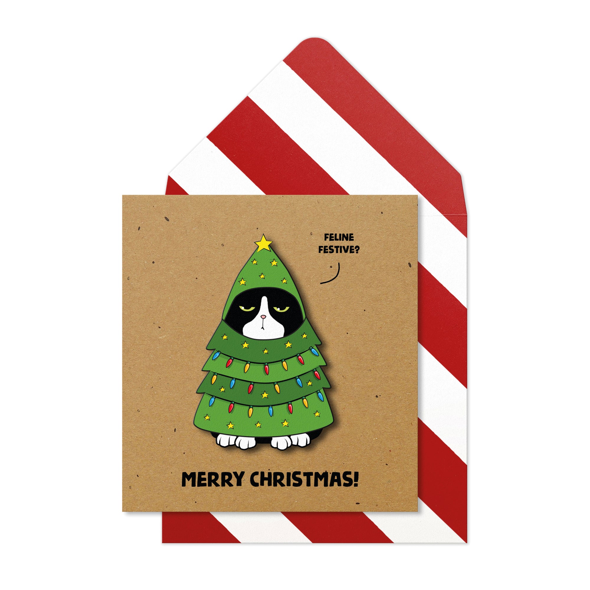 Funny Festive Christmas Tree Cat, Handmade Greeting Card