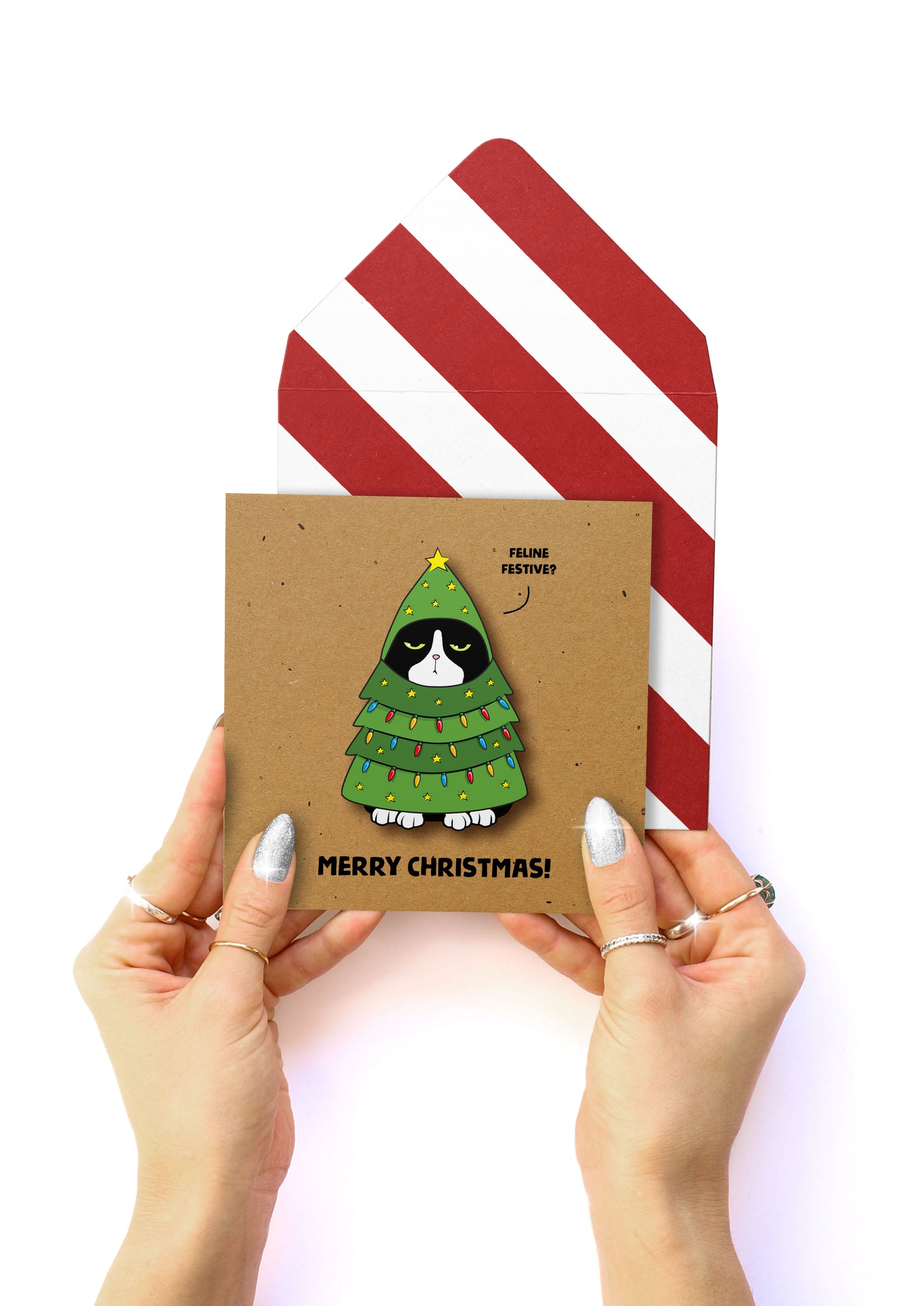 Funny Festive Christmas Tree Cat, Handmade Greeting Card