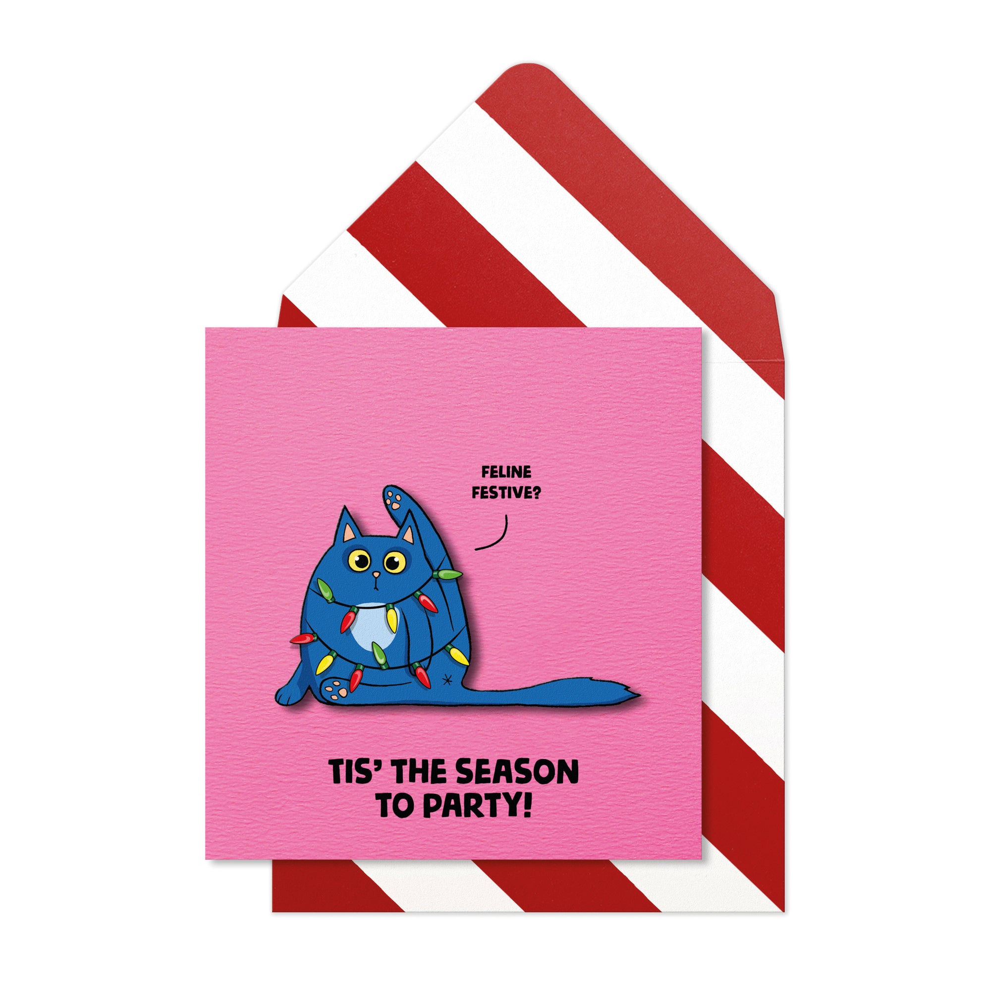 Tis The Season to Party, Christmas Lights Cat, Handmade Greeting Card