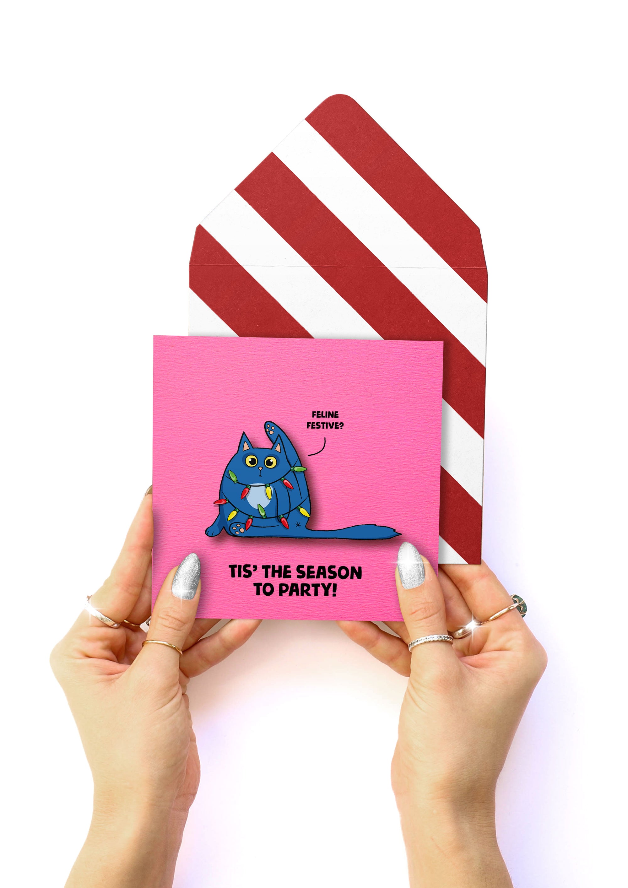 Tis The Season to Party, Christmas Lights Cat, Handmade Greeting Card