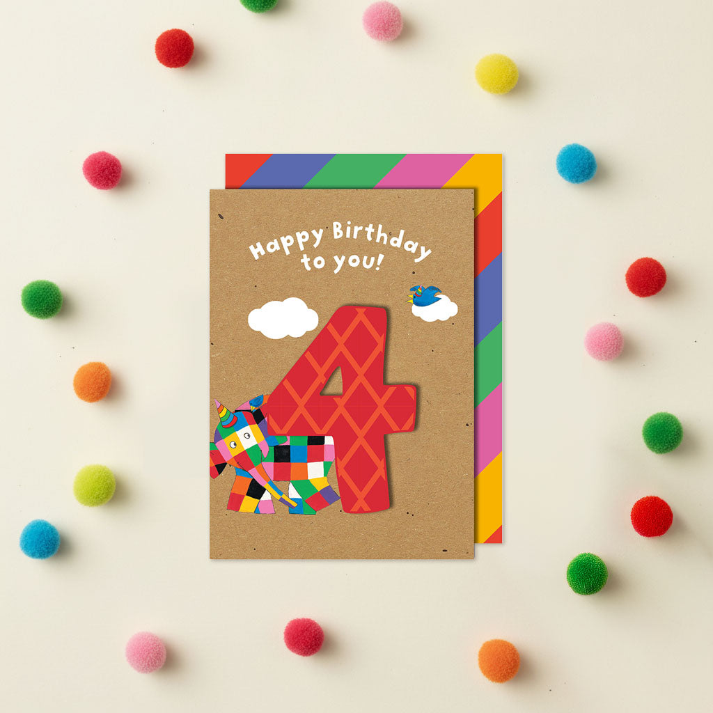 Happy 4th Birthday, Elmer the Elephant Handmade Greeting Card