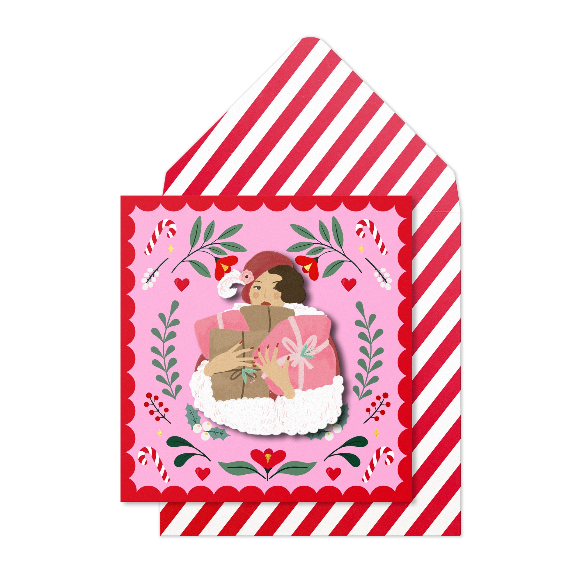 Christmas Vintage Shopping Lady, Handmade Greeting Card