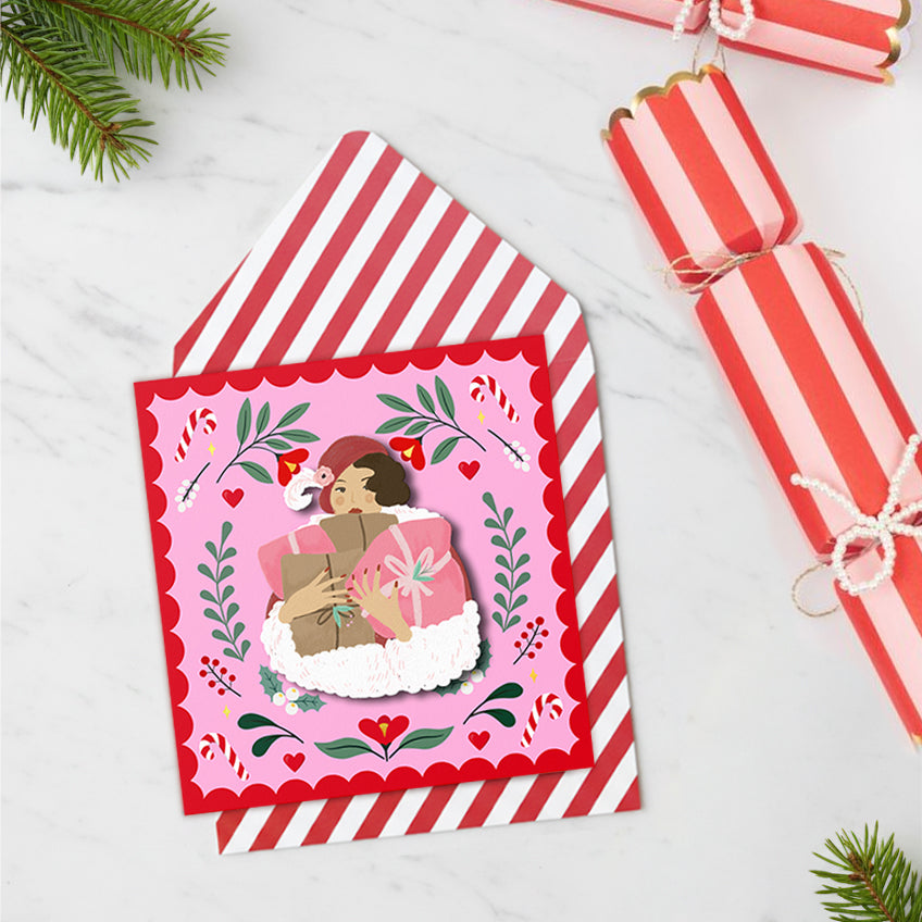 Christmas Vintage Shopping Lady, Handmade Greeting Card