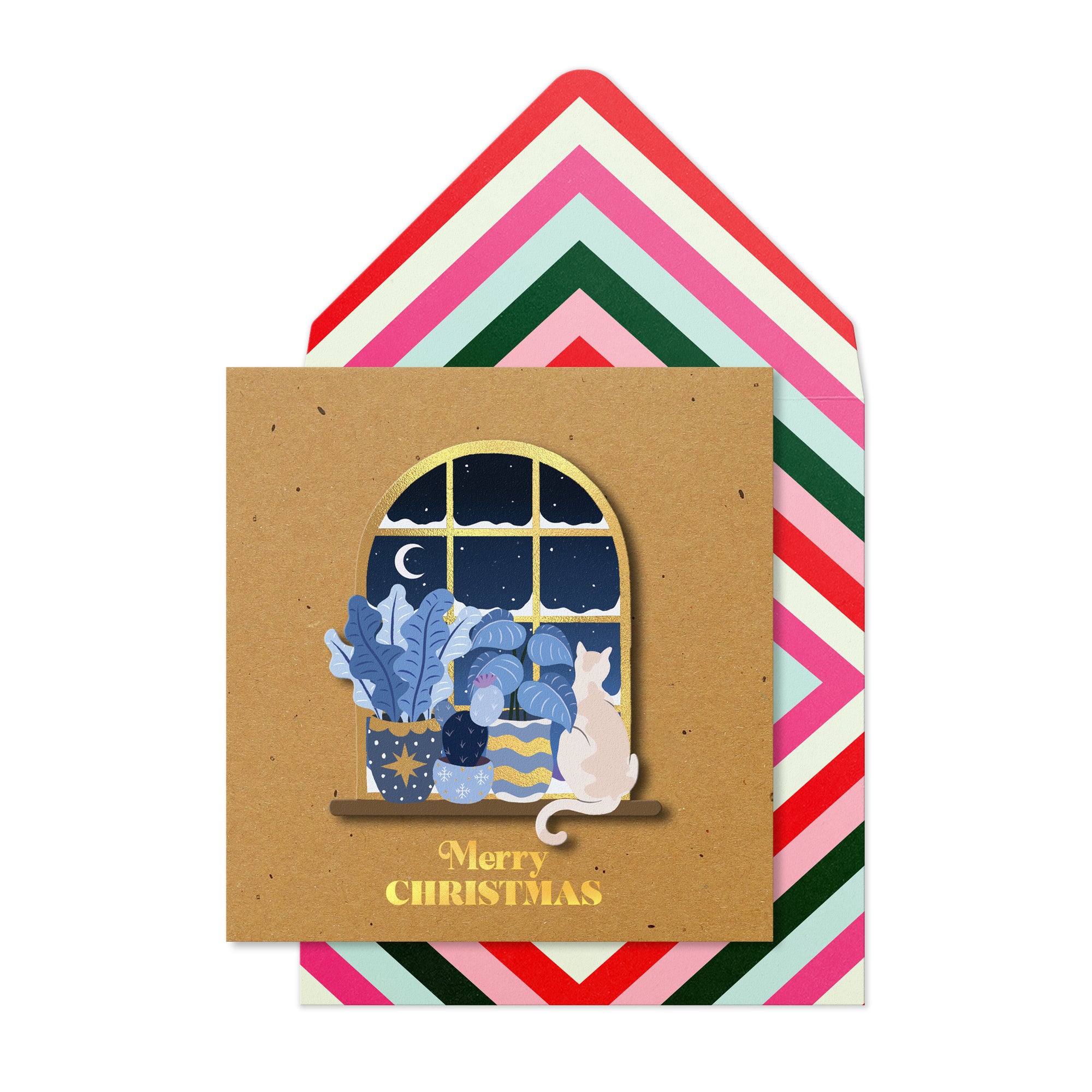 Merry Christmas Window Cat, Handmade Greeting Card