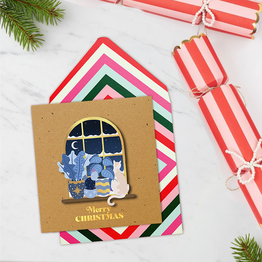 Merry Christmas Window Cat, Handmade Greeting Card