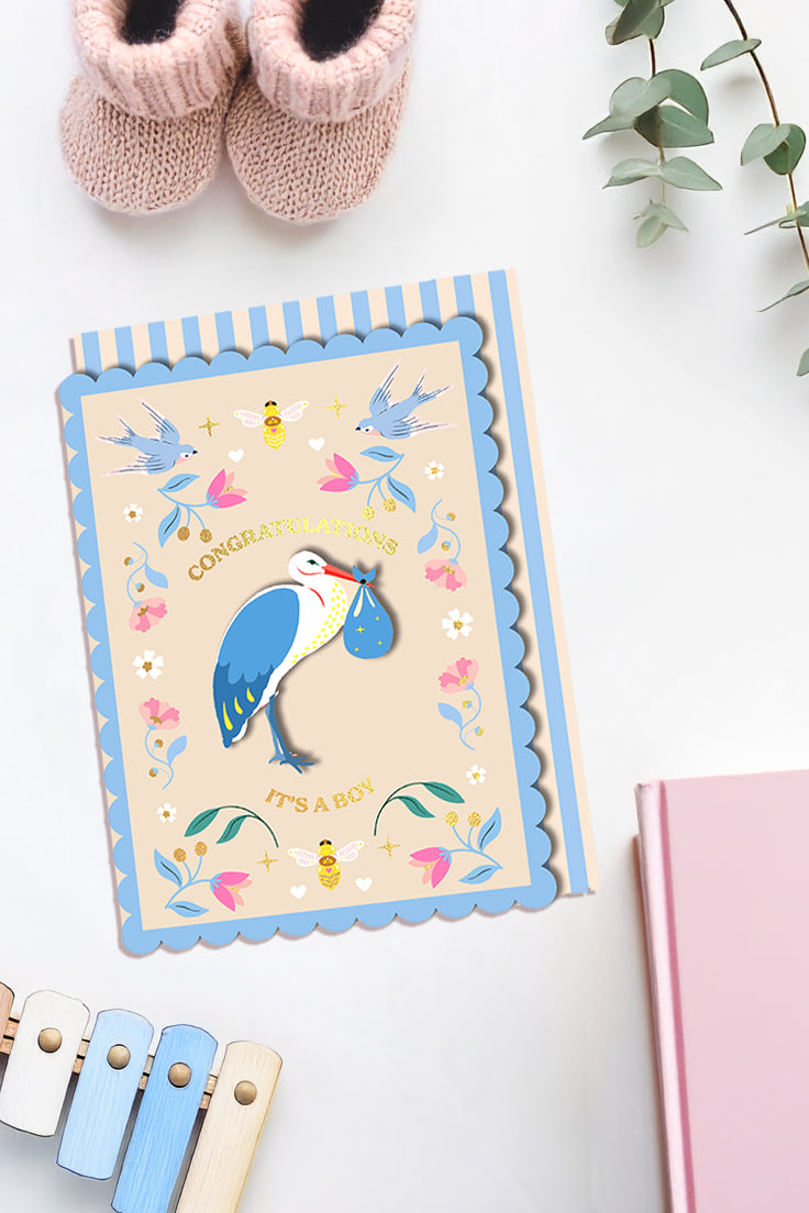 Congratulations, It's A Boy 3D Stork Handmade Greeting Card