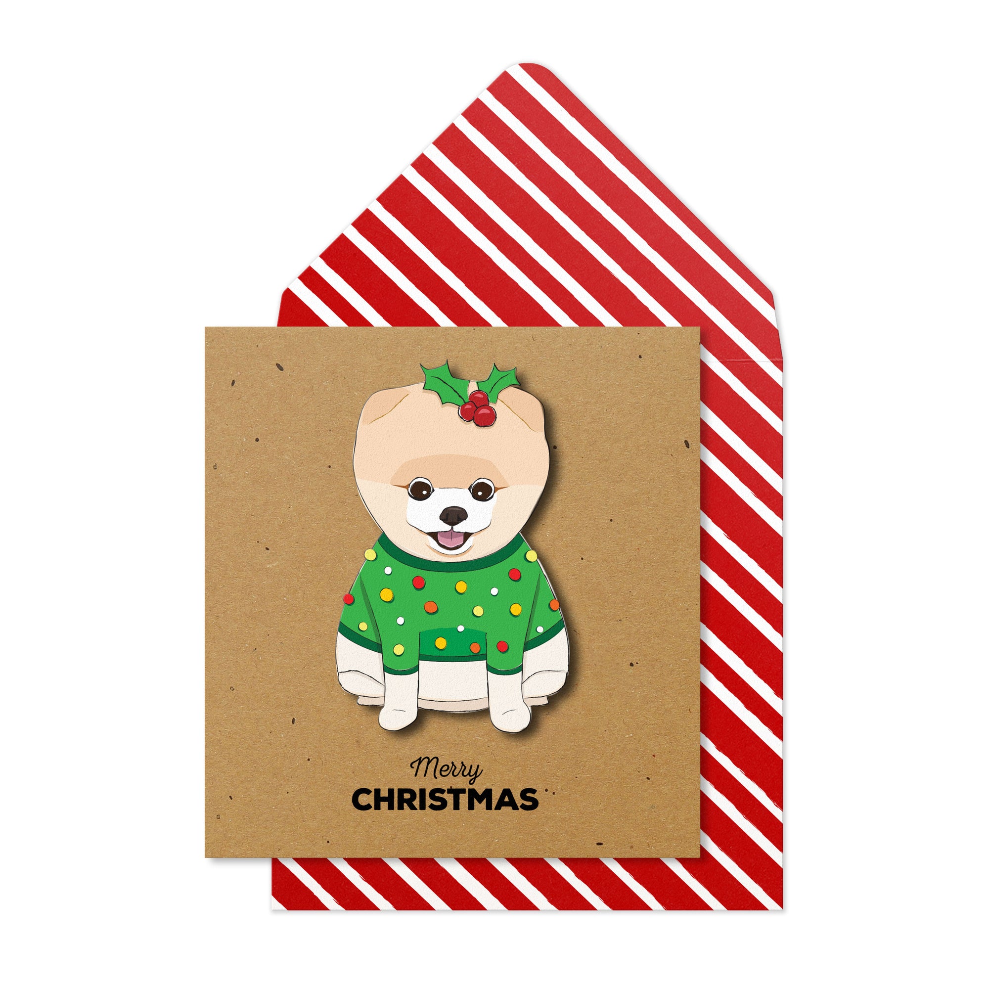 Merry Christmas Holly Pomeranian, Handmade Greeting Card