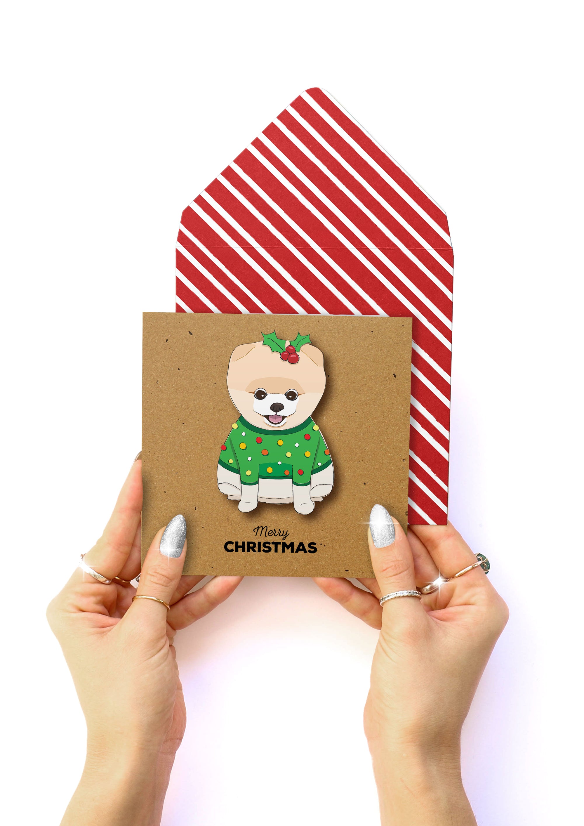 Merry Christmas Holly Pomeranian, Handmade Greeting Card