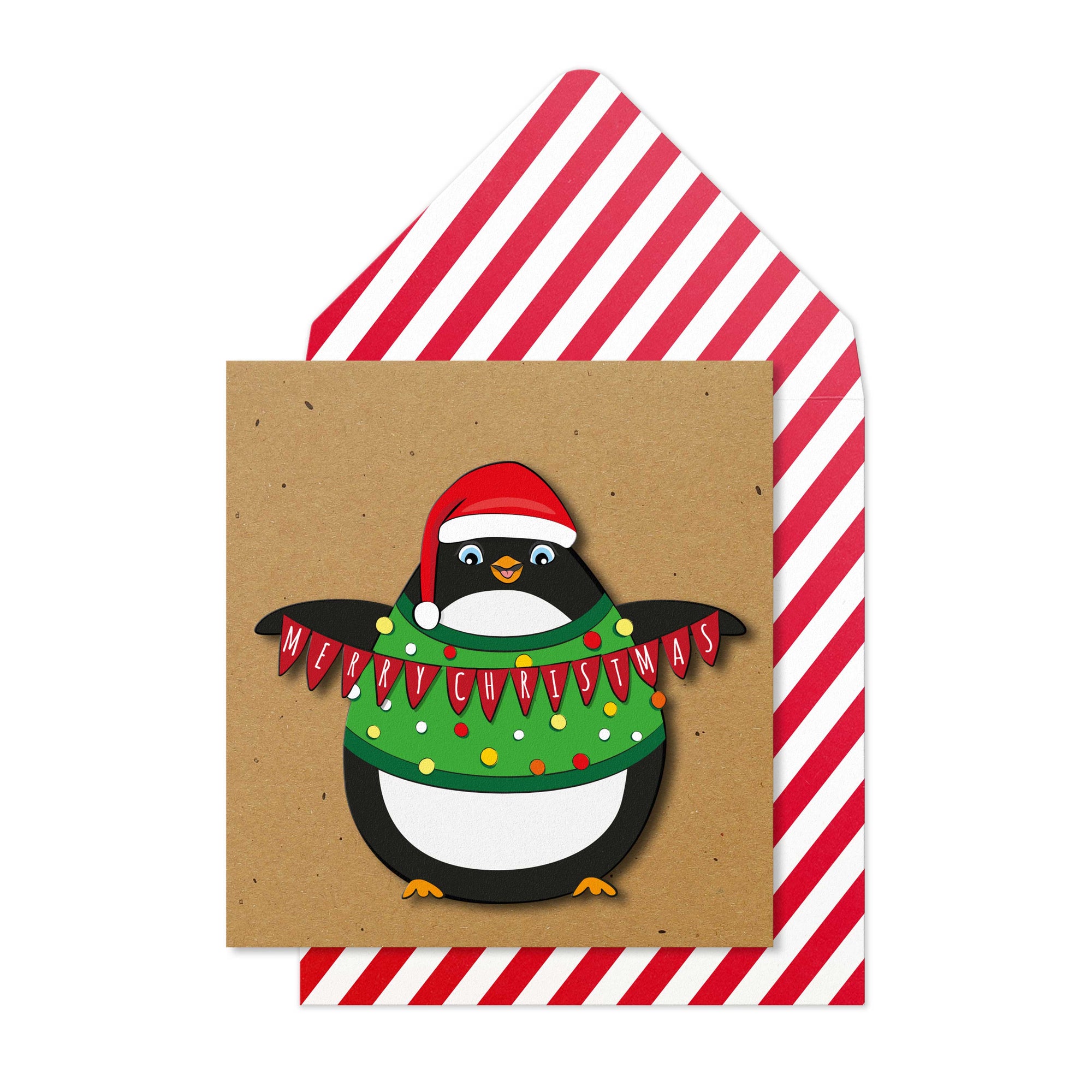 Merry Christmas Bunting Penguin, Handmade Greeting Card