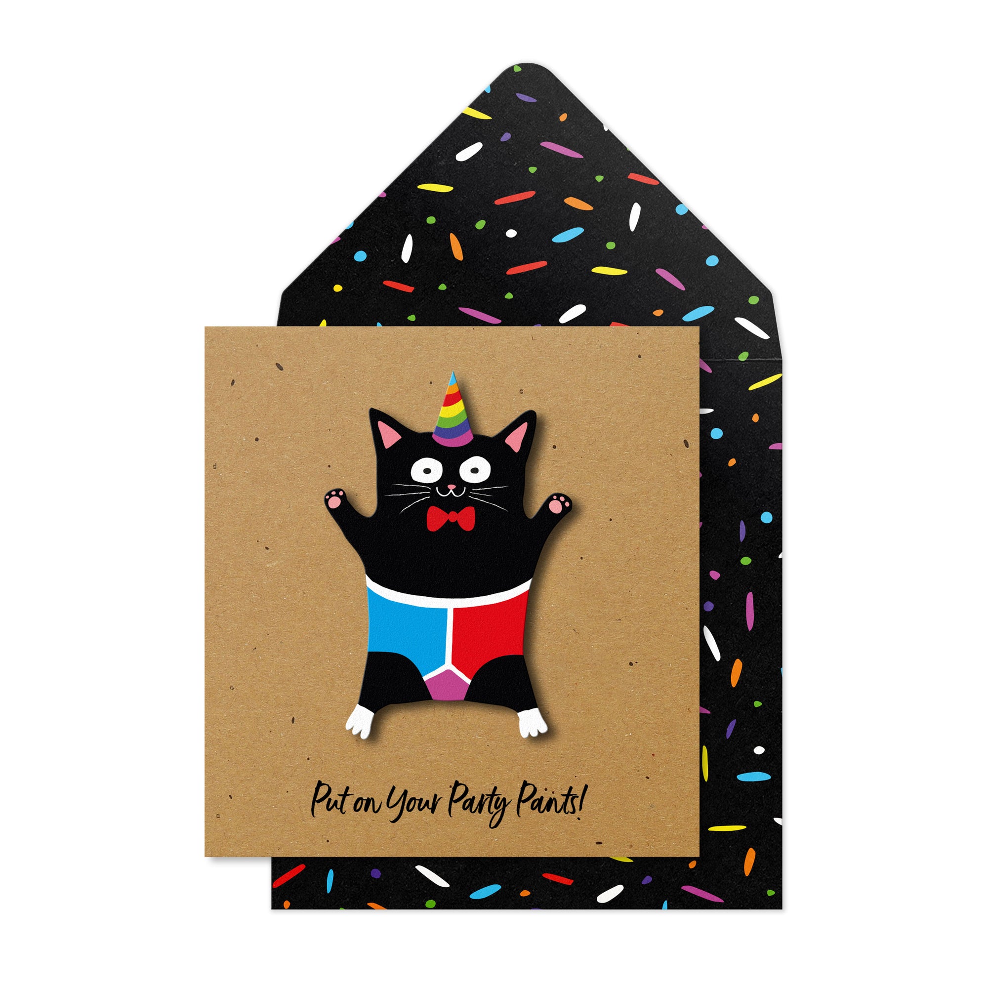 Party Pants Black Cat, Birthday Handmade Greeting Card