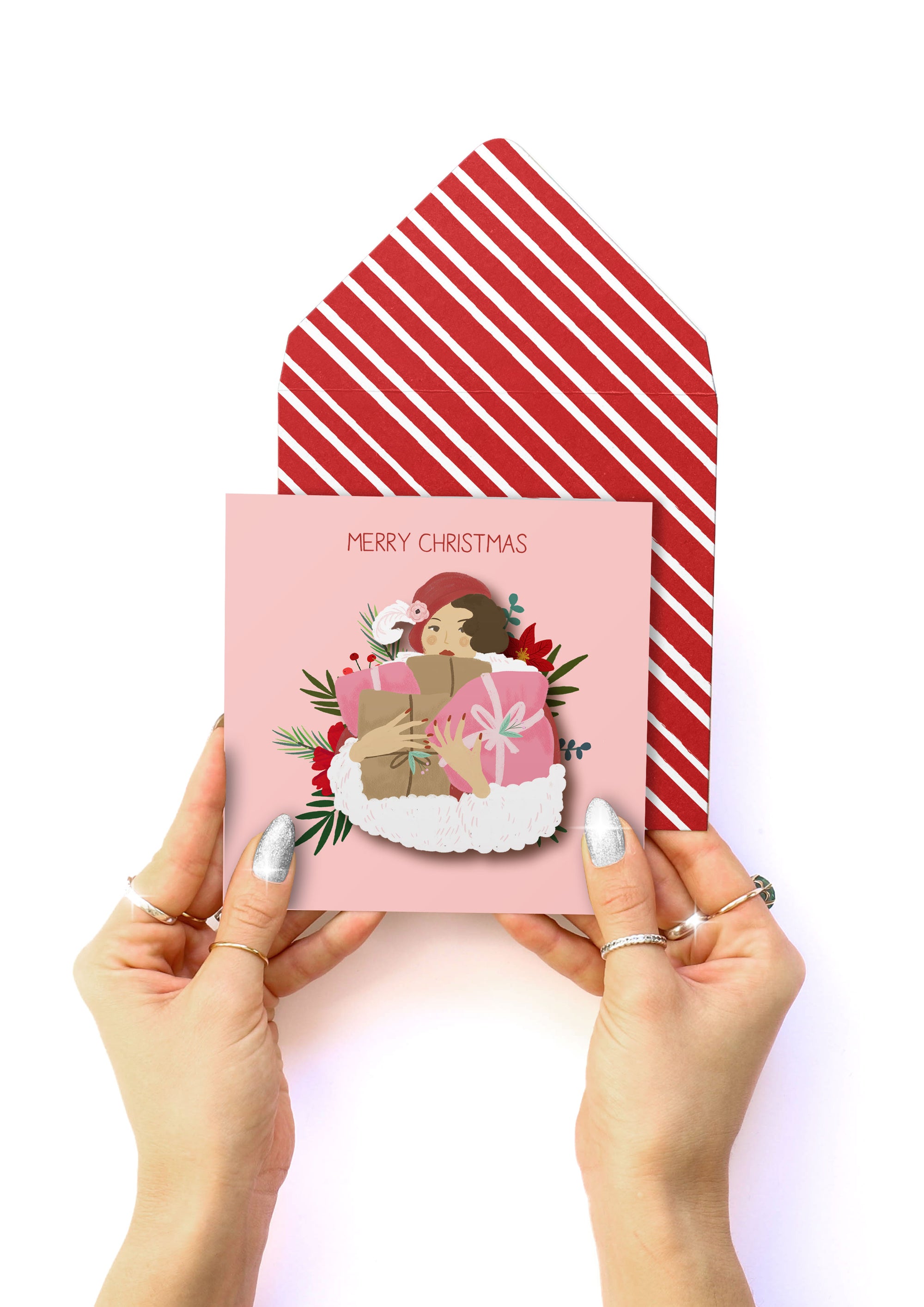 Christmas Shopping Vintage Woman, Handmade Greeting Card