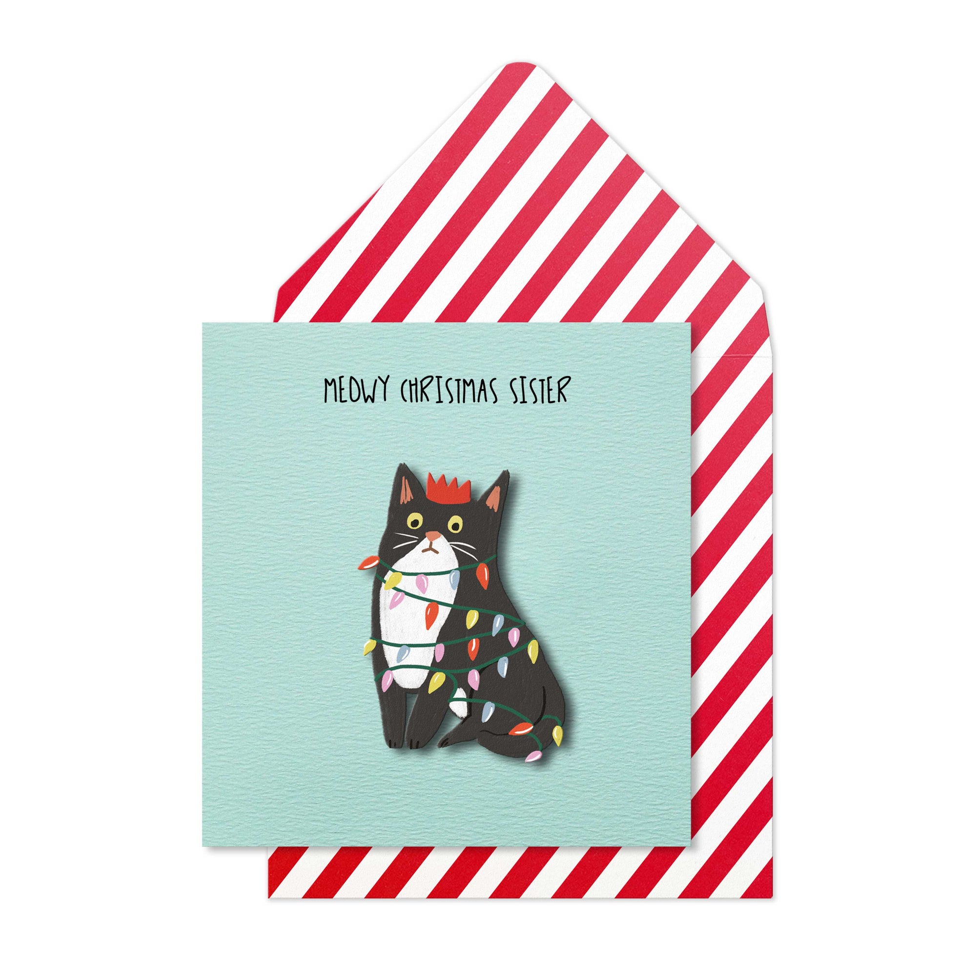 Merry Christmas Sister, Cat in Lights, Handmade Greeting Card