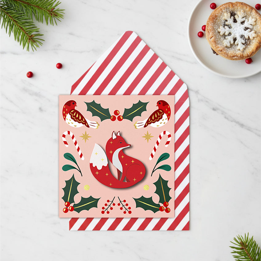 Christmas Festive Fox, Wild Moon, 3D Handmade Greeting Card