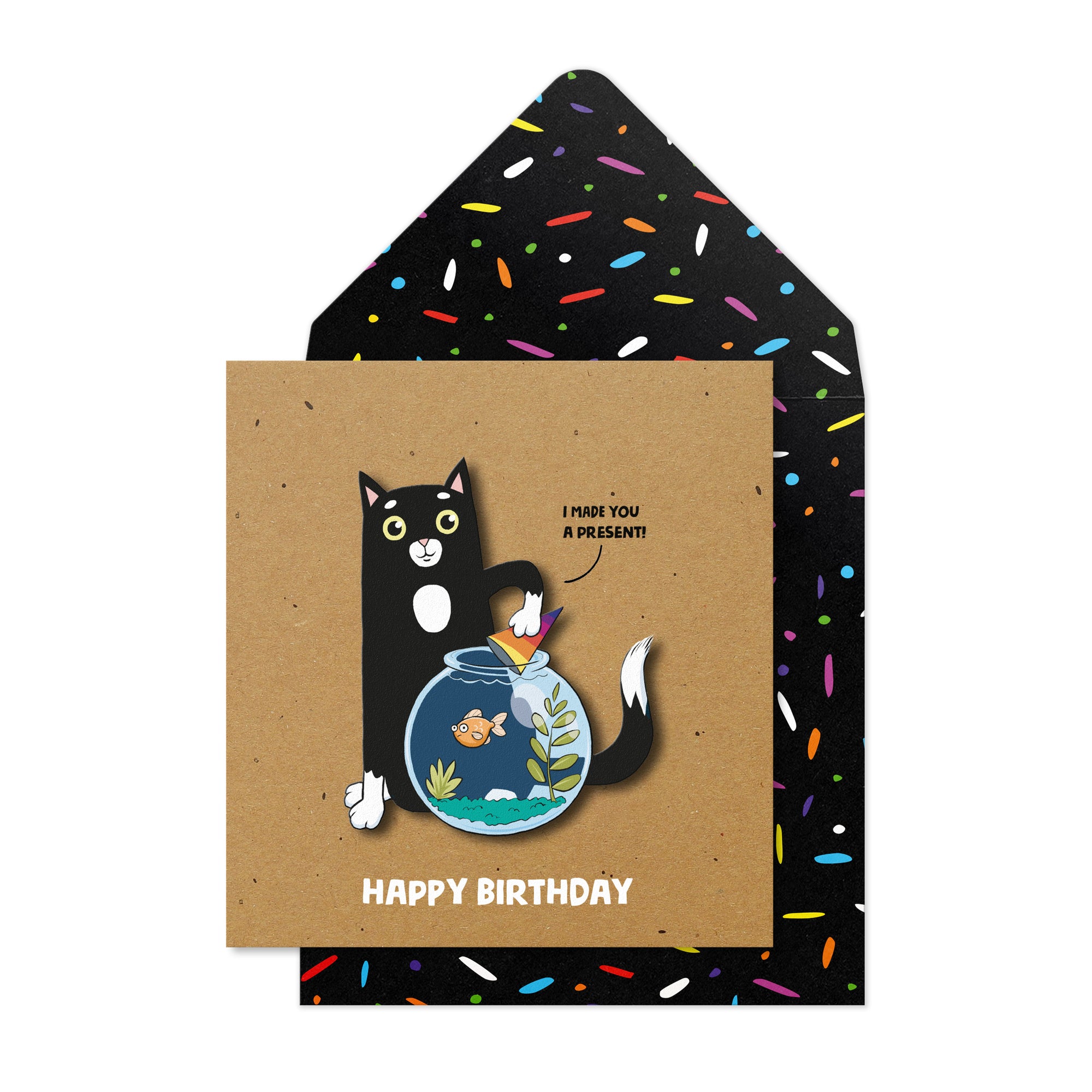 Happy Birthday, Black Cat and Fish Bowl, 3D Handmade Greeting Card