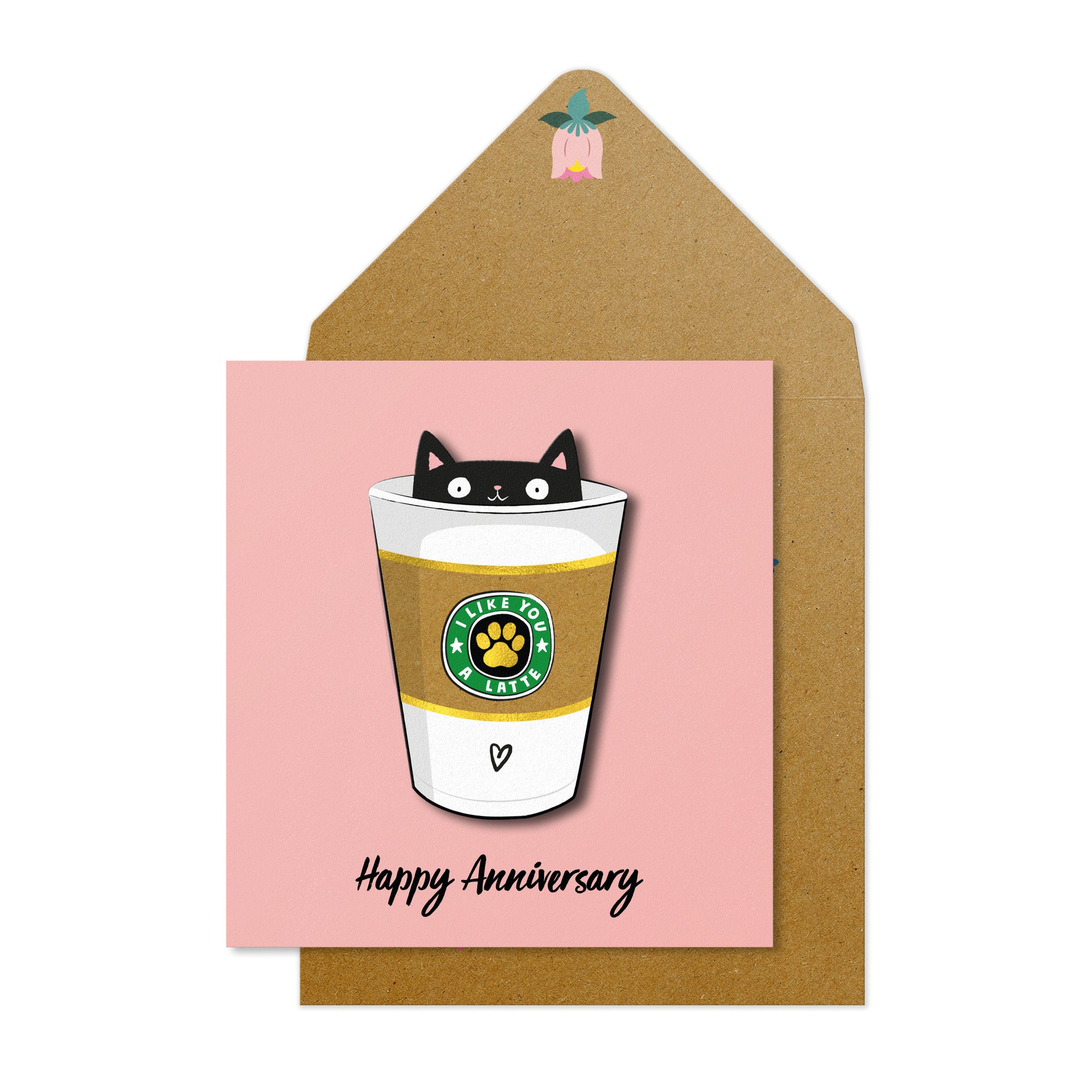 Happy Anniversary Coffee Cat, 3D Handmade Greeting Card