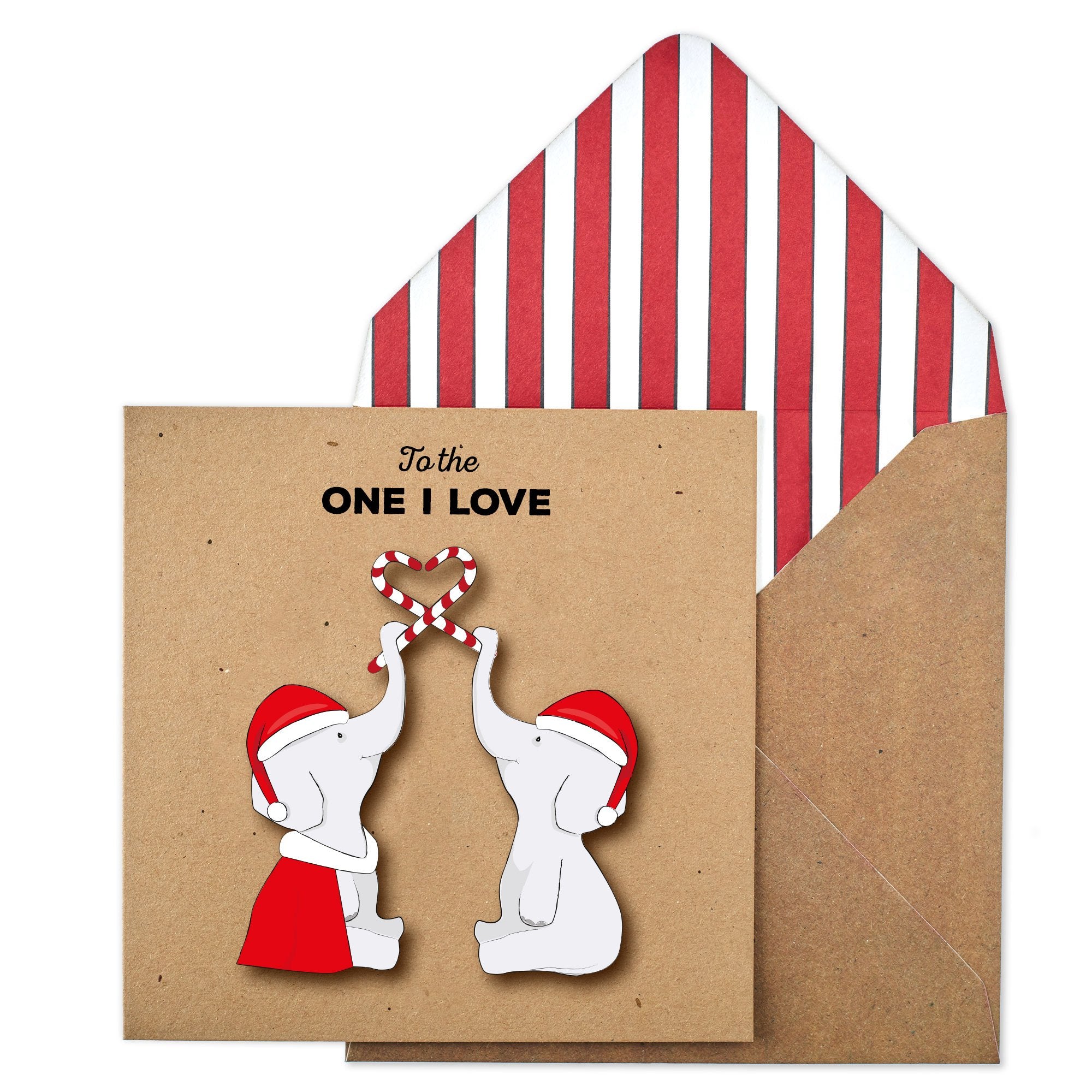 To the One I Love Candy Cane Elephants, Handmade Christmas Greeting Card