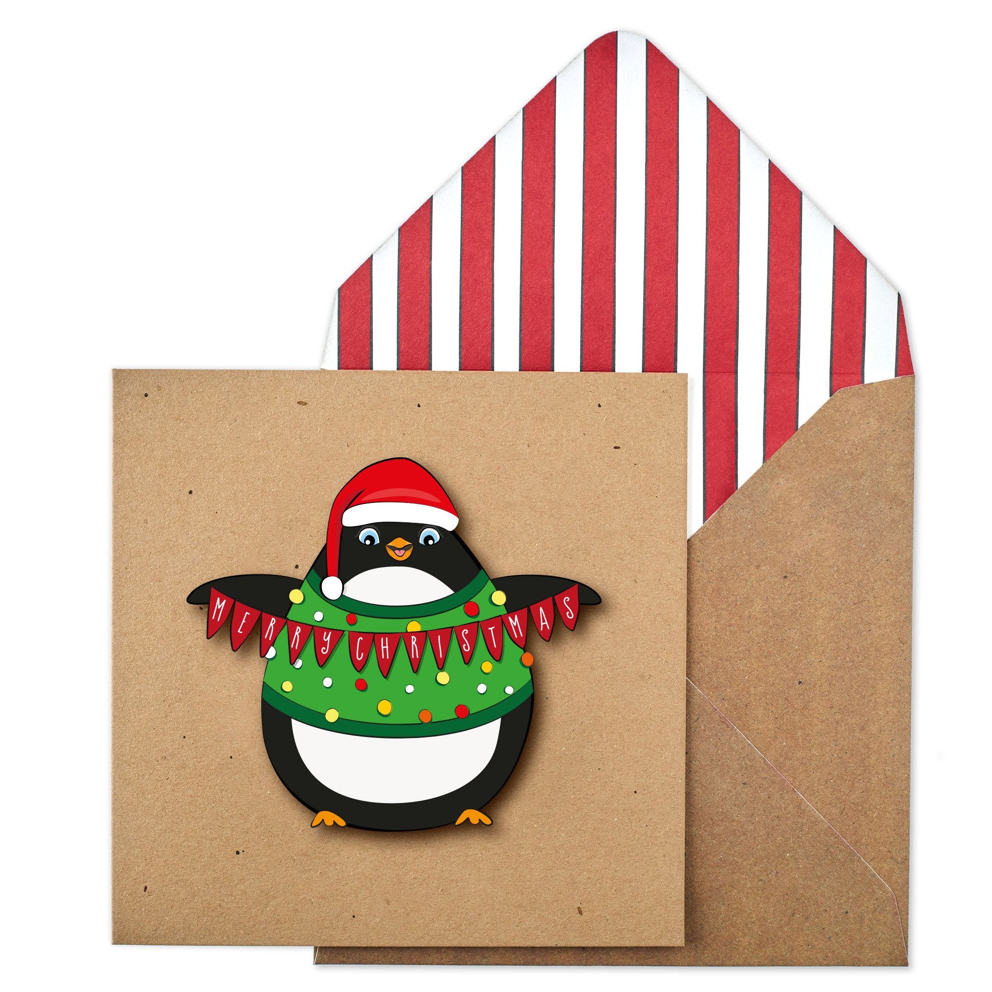 Merry Christmas Bunting Penguin, Handmade Greeting Card