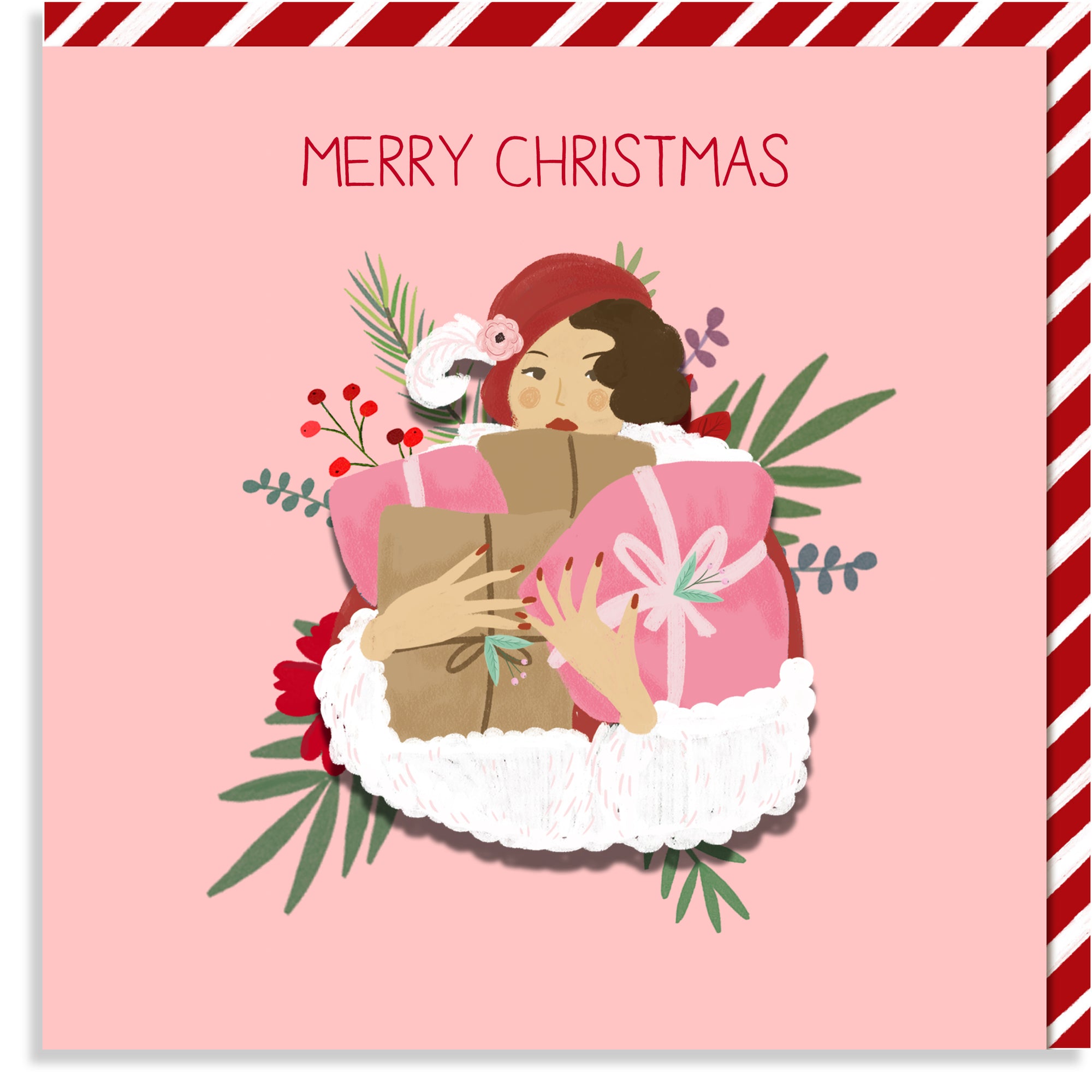 Christmas Shopping Vintage Woman, Handmade Greeting Card