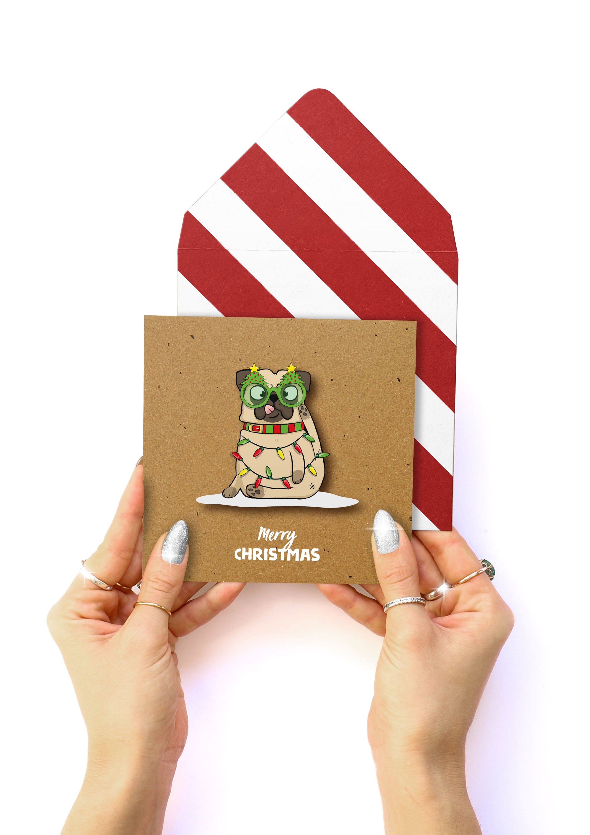 Merry Christmas Festive Funny Pug, Handmade Greeting Card