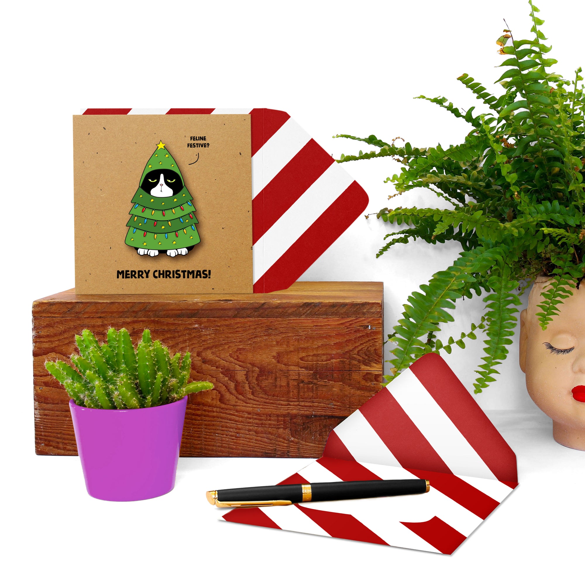 Funny Festive Christmas Tree Cat, Handmade Greeting Card