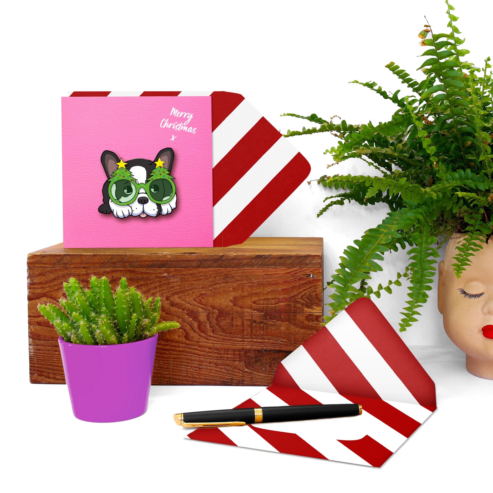 Merry Christmas Cute French Bulldog, Handmade Greeting Card