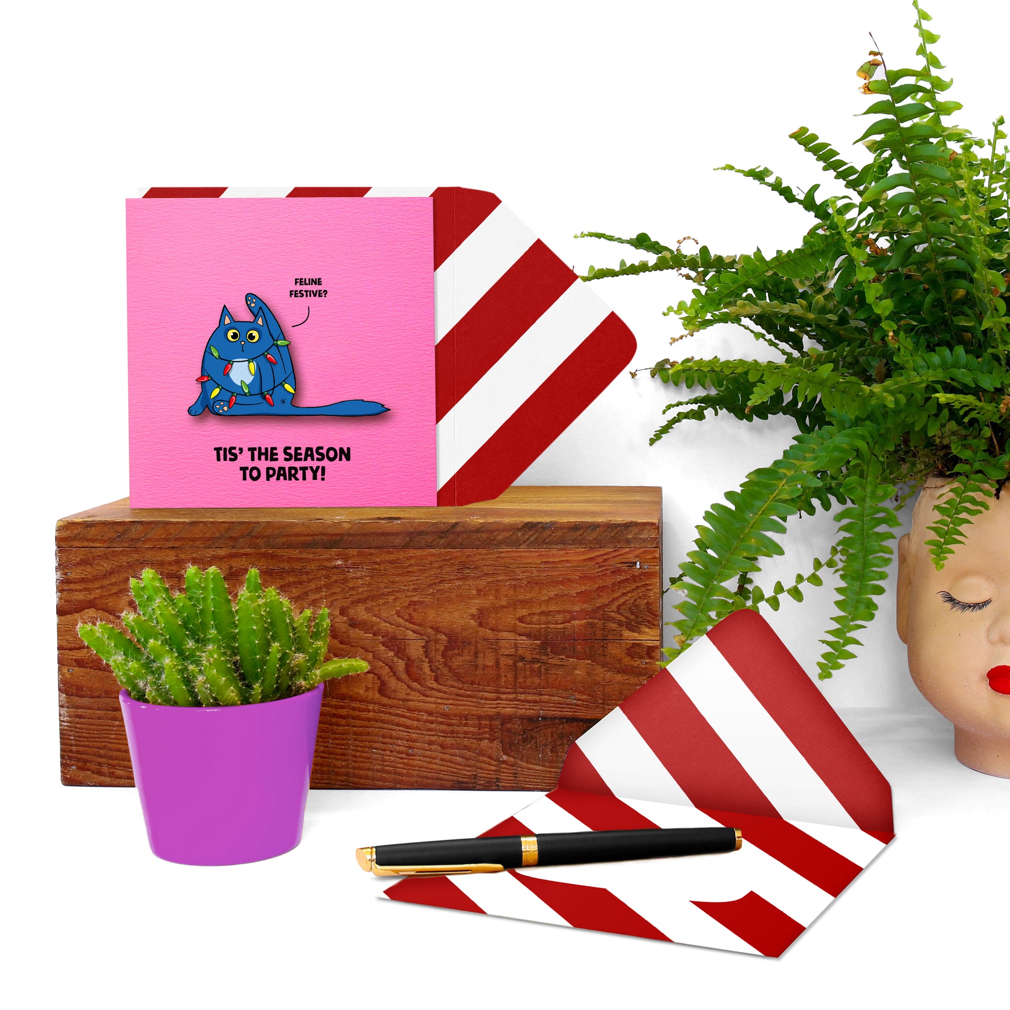 Tis The Season to Party, Christmas Lights Cat, Handmade Greeting Card