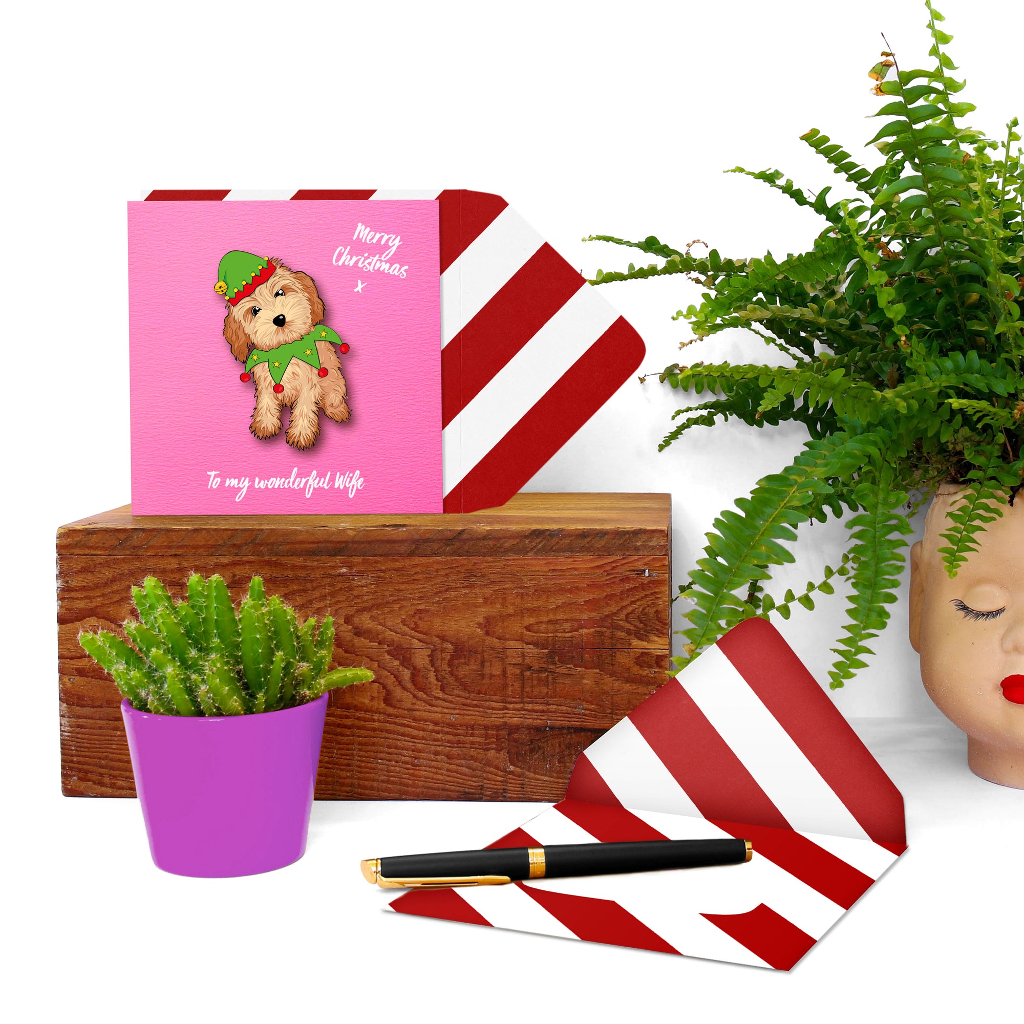 To My Wonderful Wife, Cute Christmas Cavapoo Handmade Greeting Card