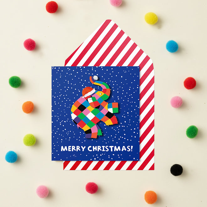 Elmer the Elephant, Snowball Fight Christmas, Handmade Greeting Card