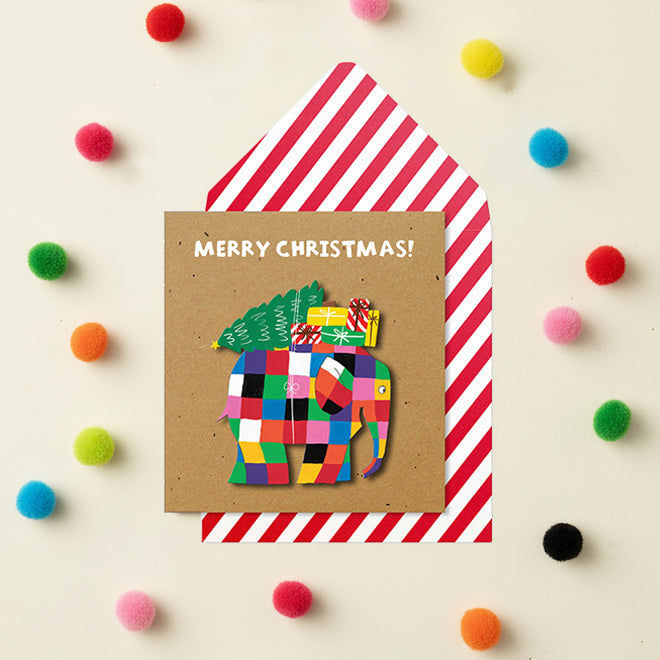 Elmer the Elephant, Christmas Tree, Handmade Greeting Card