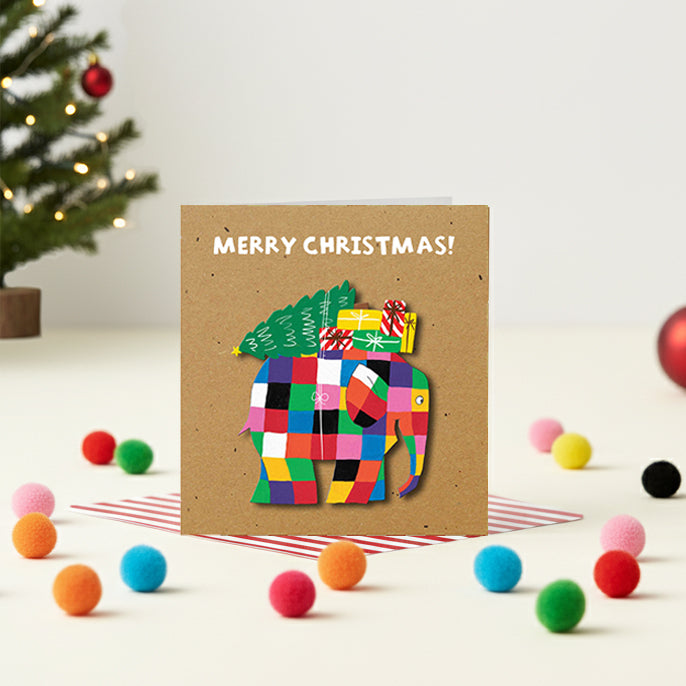Elmer the Elephant, Christmas Tree, Handmade Greeting Card