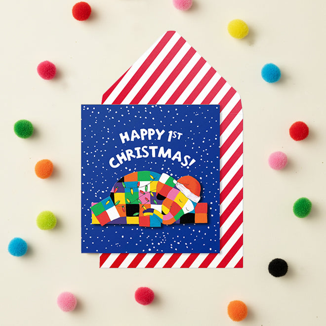 Elmer the Elephant Happy 1st Christmas, Handmade Greeting Card