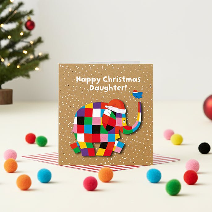 Elmer the Elephant Happy Christmas Daughter, Handmade Greeting Card