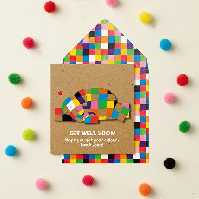 Get Well Soon Elmer the Elephant, Handmade Greeting Card