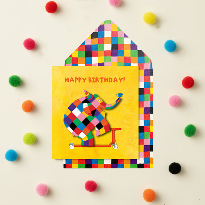 Elmer the Elephant on a Scooter, Handmade Birthday Greeting Card