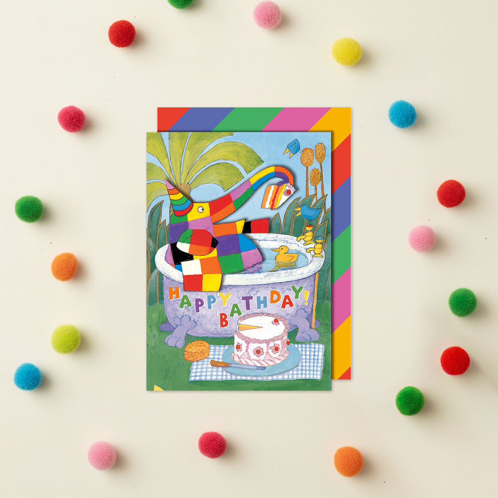 Bathtub Happy Birthday, Elmer the Elephant Handmade Greeting Card