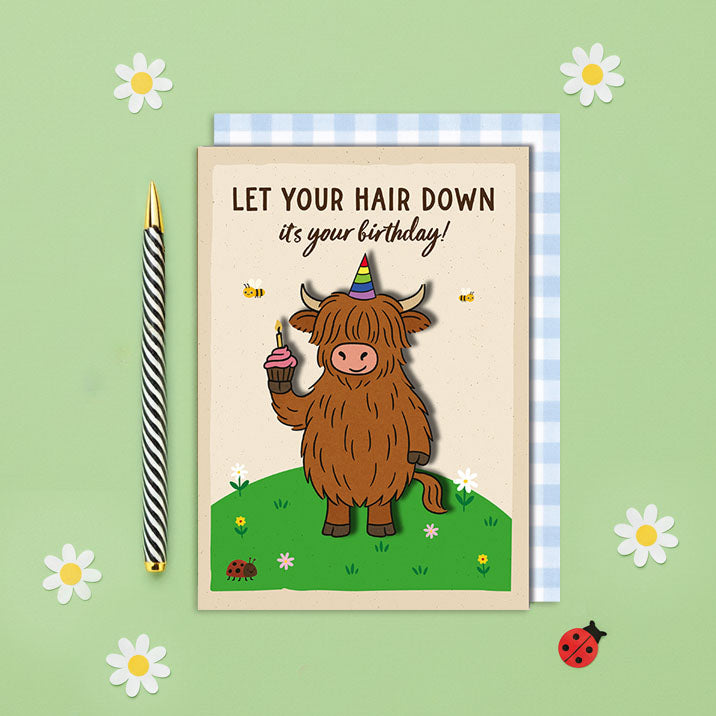 Handmade 3D Hair Down Cow Birthday Card