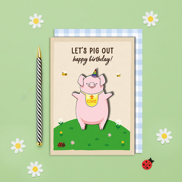 Handmade 3D Let's Pig Out Birthday Card