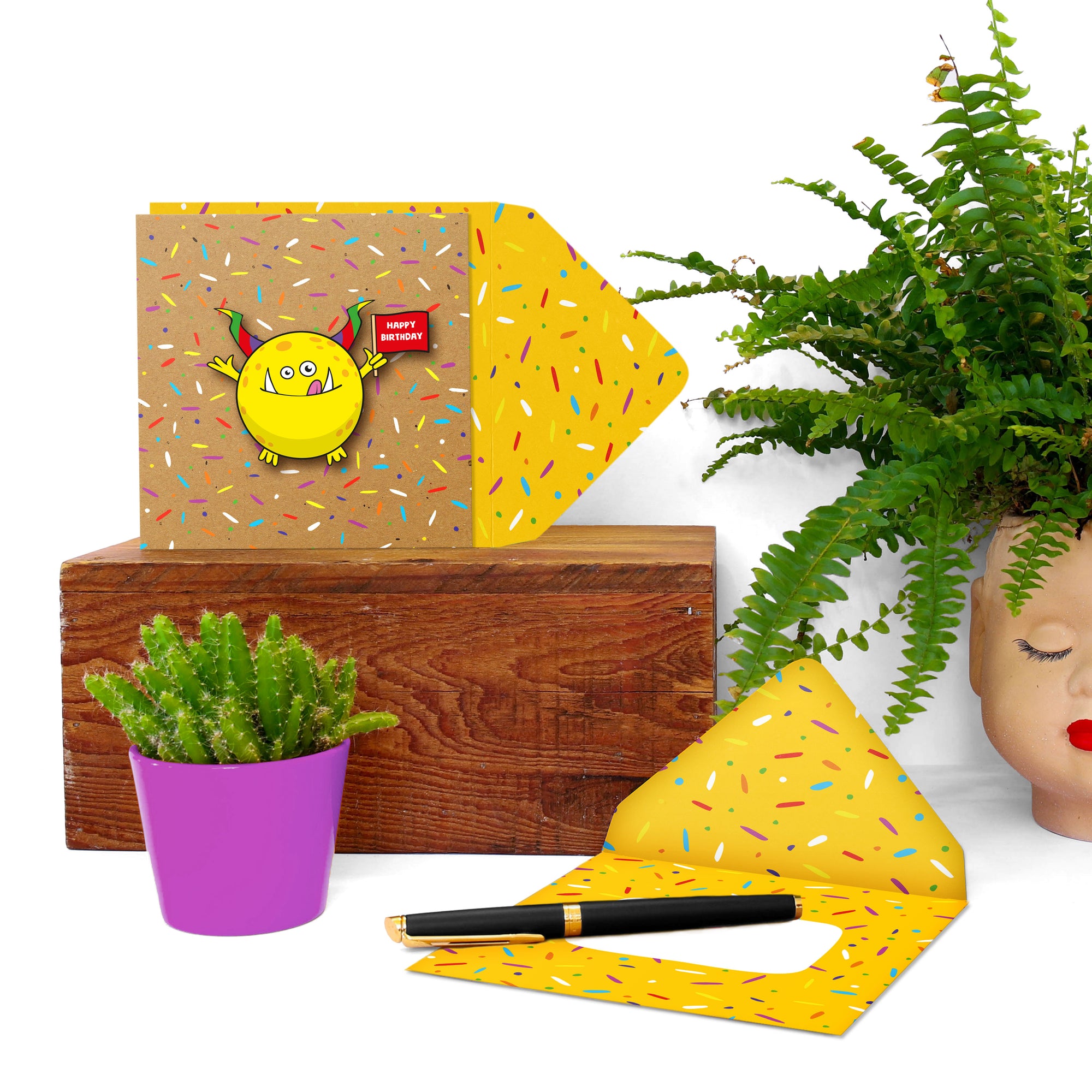 Happy Birthday Jumping Yellow Monster, Kids Handmade Greeting Card