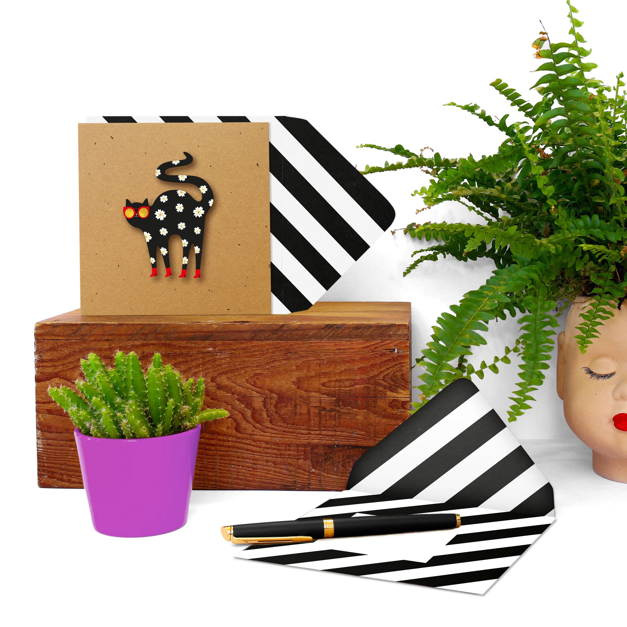 Daisy Cat in Boots, Handmade Greeting Card