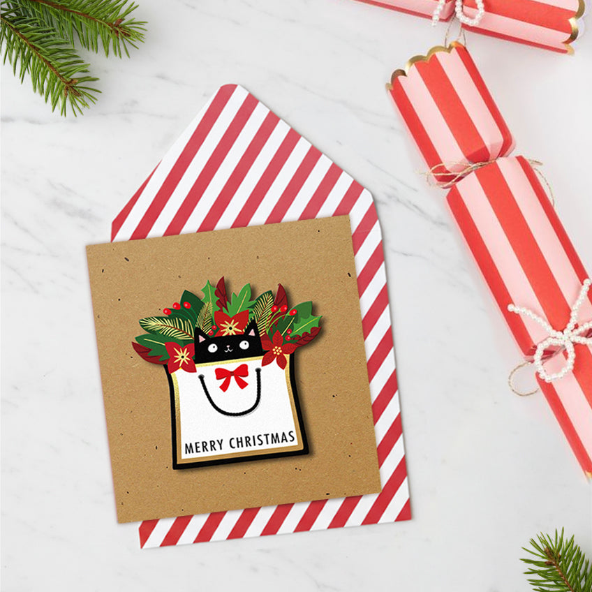 Merry Christmas Shopaholic Cat, Handmade Greeting Card