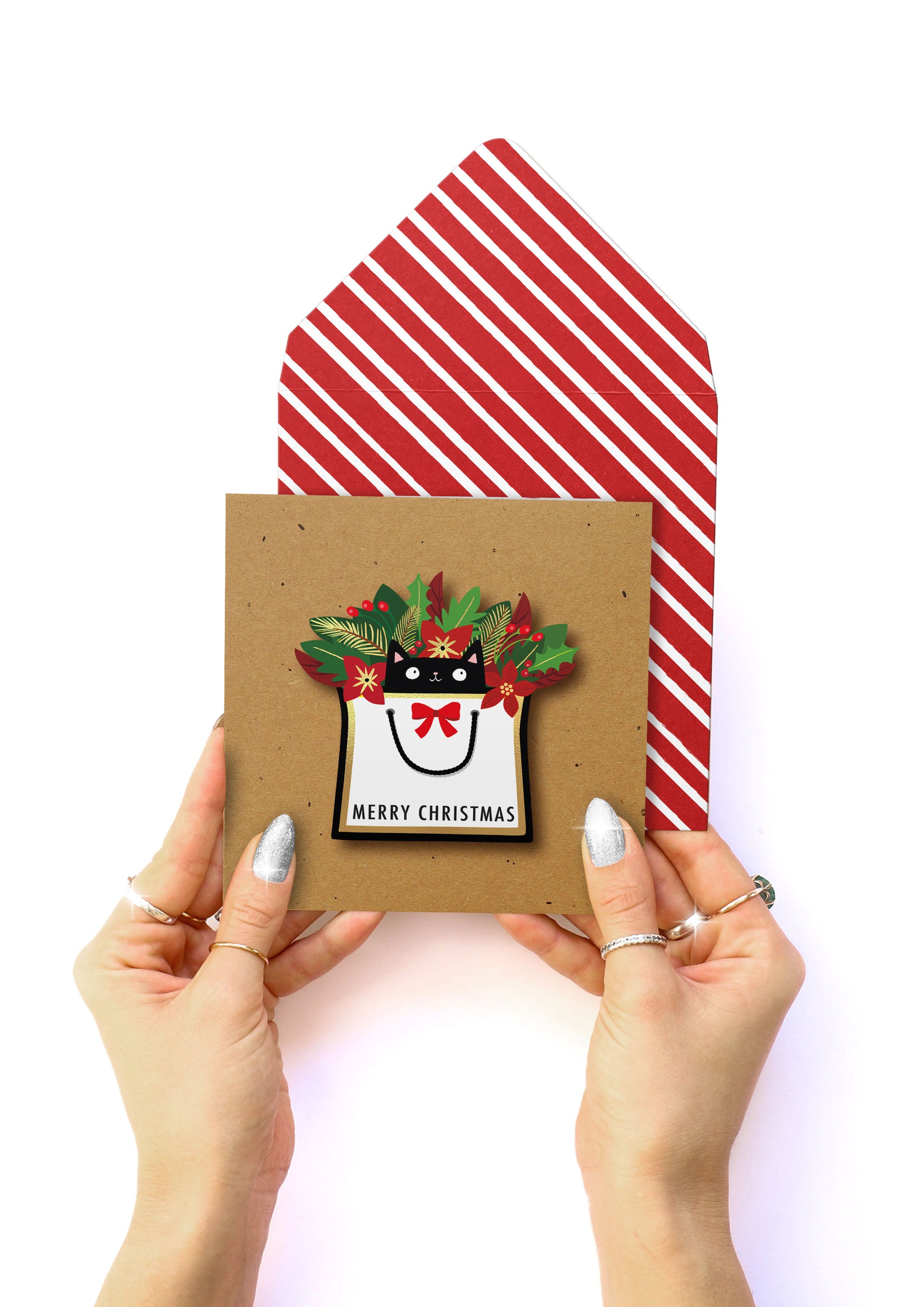 Merry Christmas Shopaholic Cat, Handmade Greeting Card