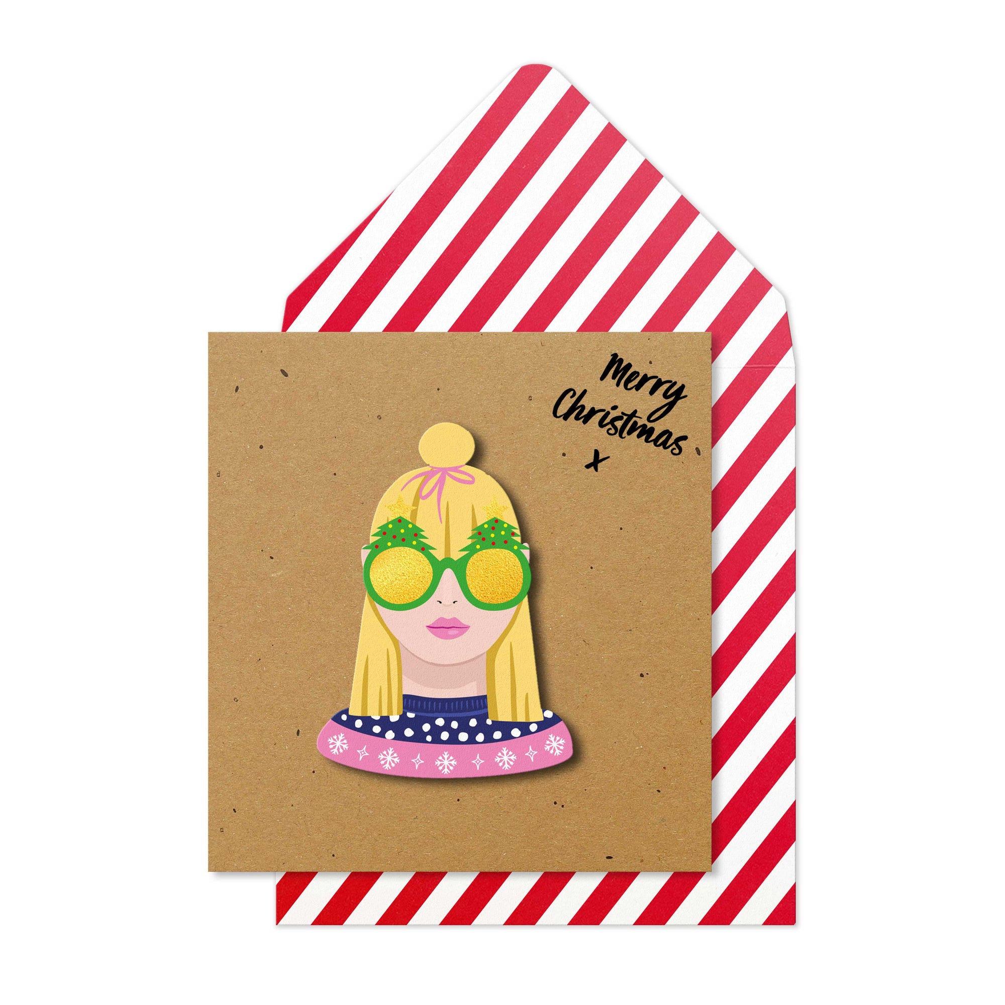 Merry Christmas Festive Blonde Girl, Handmade Greeting Card