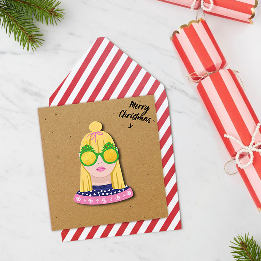 Merry Christmas Festive Blonde Girl, Handmade Greeting Card