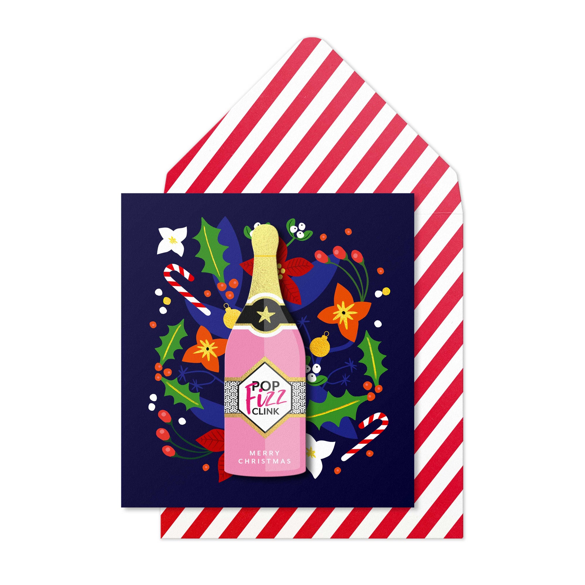 Merry Christmas Pop Clink Fizz Champange, Handmade Greeting Card