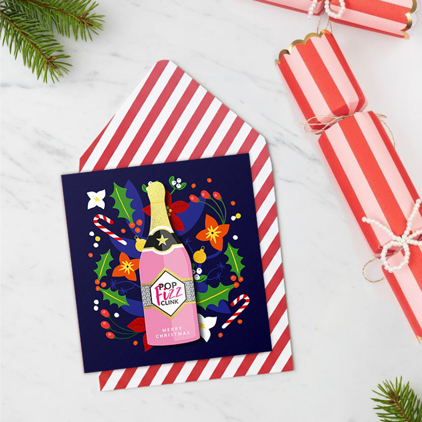 Merry Christmas Pop Clink Fizz Champange, Handmade Greeting Card