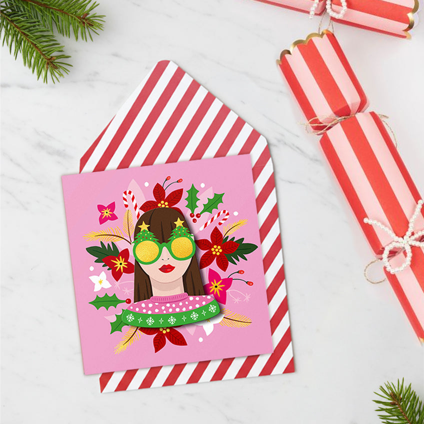 Merry Christmas Festive Girl, Handmade Greeting Card