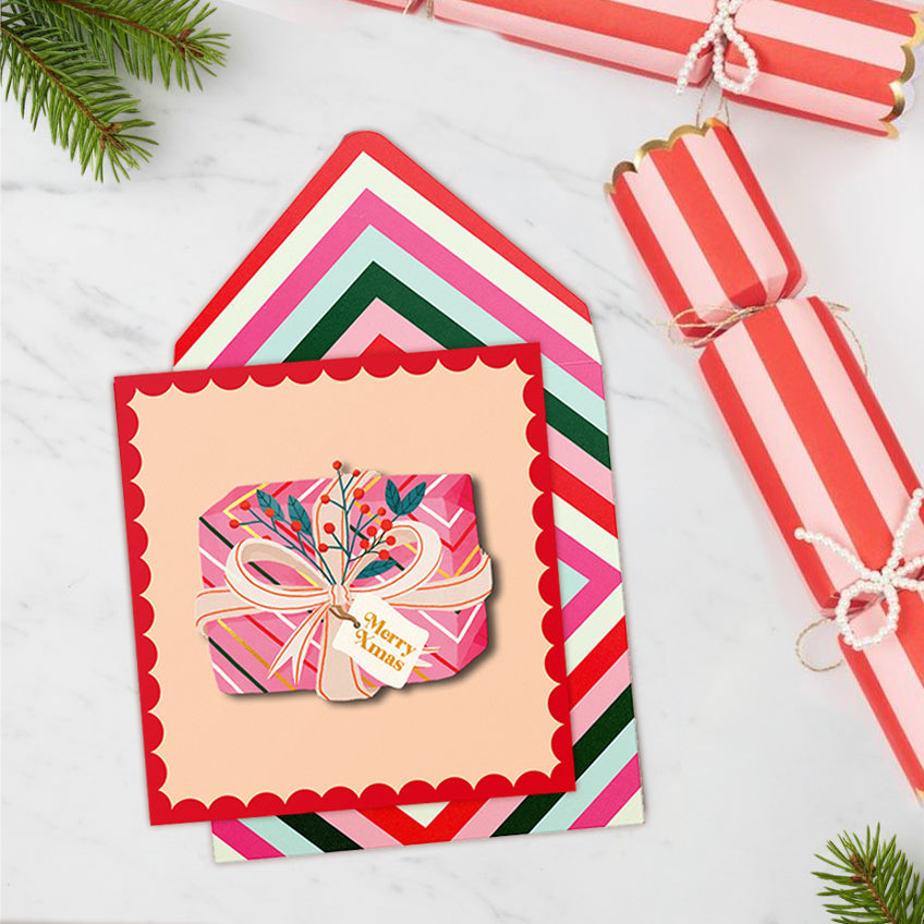 Merry Christmas 3D Striped Present, Handmade Greeting Card