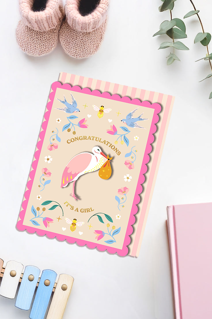 Congratulations, It's A Girl - Stork Card