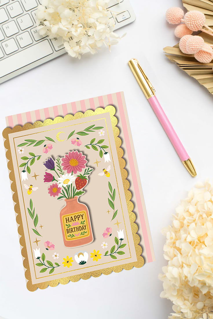 3D Handmade Whimsical Floral Vase, Gold Foiled Birthday Card